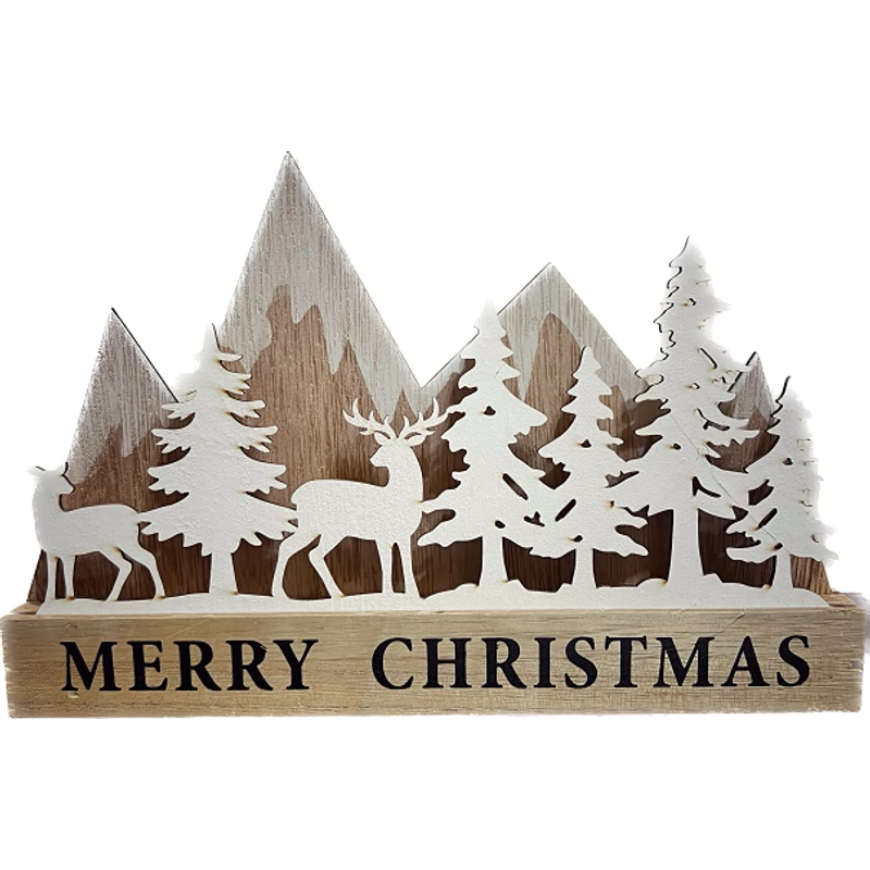 Téli dekoráció fenyő és rénszarvas kicsi - Merry Christmas felirattal