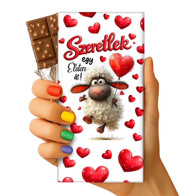 Valentin csoki tábla bárány szív alakú lufival mintával, felirat: Szeretlek egy életen át!