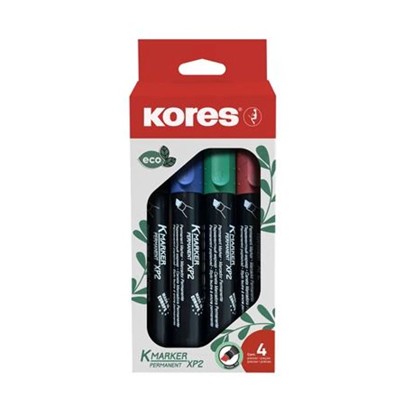 Alkoholos marker készlet, 3-5 mm, vágott, KORES "ECO K-Marker XP2", 4 különböző szín