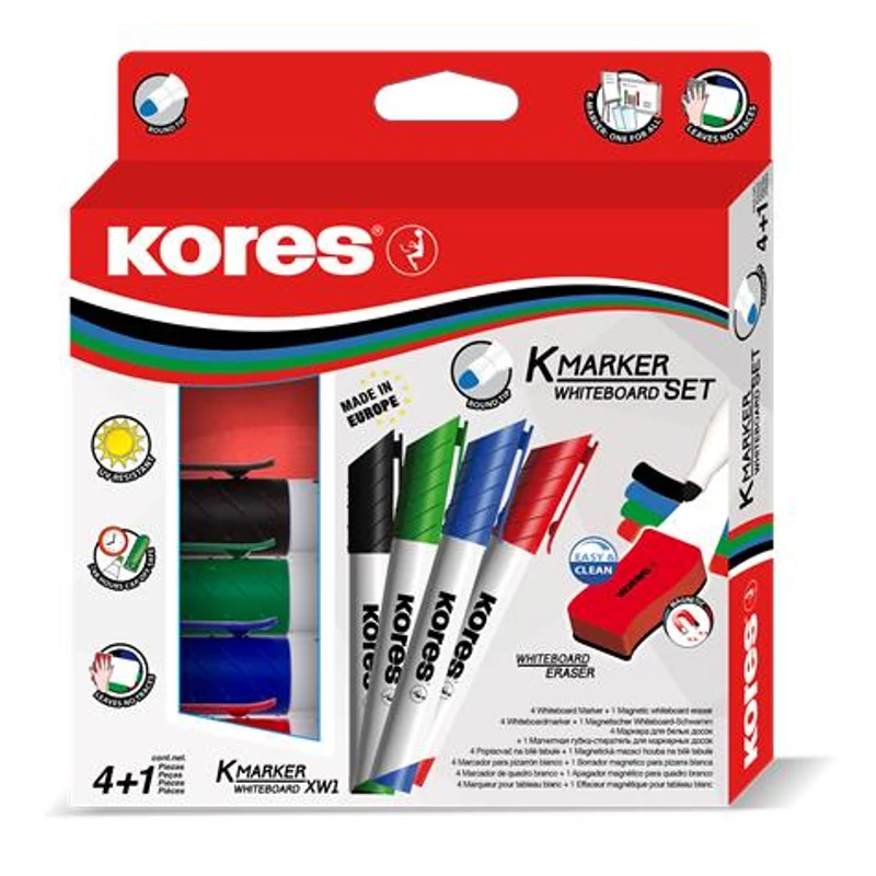 Tábla- és flipchart marker készlet mágneses táblatörlő szivaccsal, 3 mm, kúpos KORES "XW1", 4 különböző szín