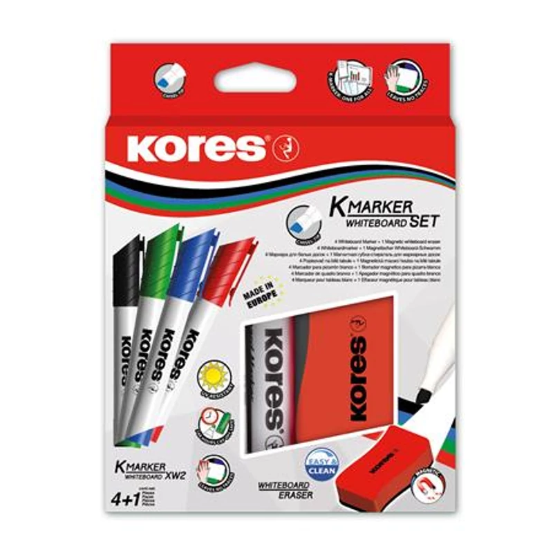 Tábla- és flipchart marker készlet mágneses táblatörlő szivaccsal, 3-5 mm, vágott, KORES "XW2", 4 különböző szín