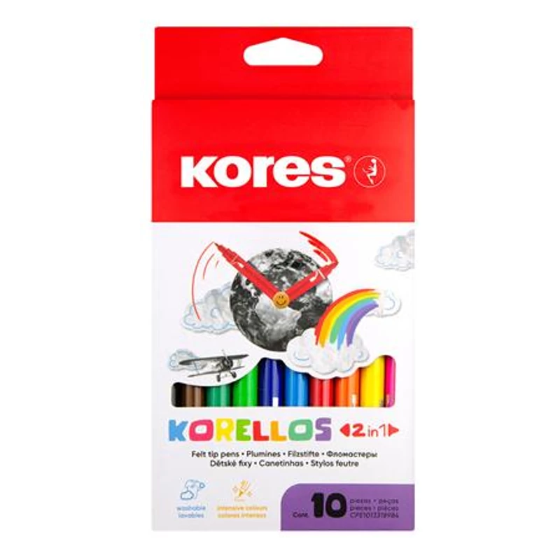 Filctoll készlet, 1-3 mm, kétvégű, kimosható, KORES "Korellos 2in1", 10 különböző szín