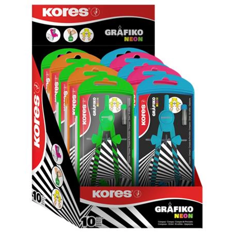 Körző készlet, precíziós, 3 darabos, KORES "Grafiko Neon", vegyes színek,Körző készlet, precíziós, 3 darabos, KORES "Grafiko Neon", vegyes színek,Körző készlet, precíziós, 3 darabos, KORES "Grafiko Neon", vegyes színek