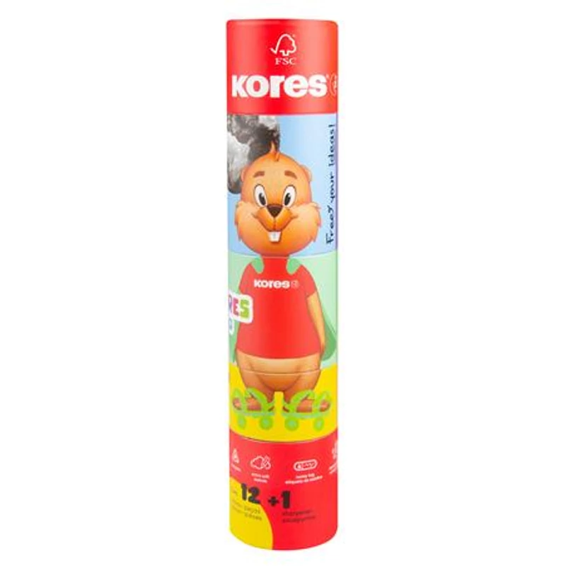 Színes ceruza készlet, háromszögletű, jumbo, 1 hegyezővel, KORES "KOLORES Twist & Turn", 12 különböző szín