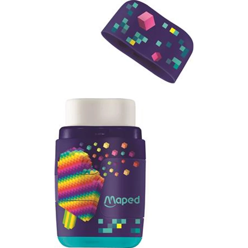 Hegyező és radír, kétlyukú, tartályos, pótradírral, MAPED "Pixel Party Connect"