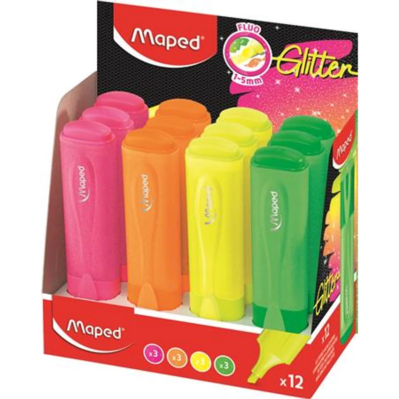Szövegkiemelő display, 1-5 mm, MAPED "Glitter Fluo Peps", vegyes fluoreszkáló színek