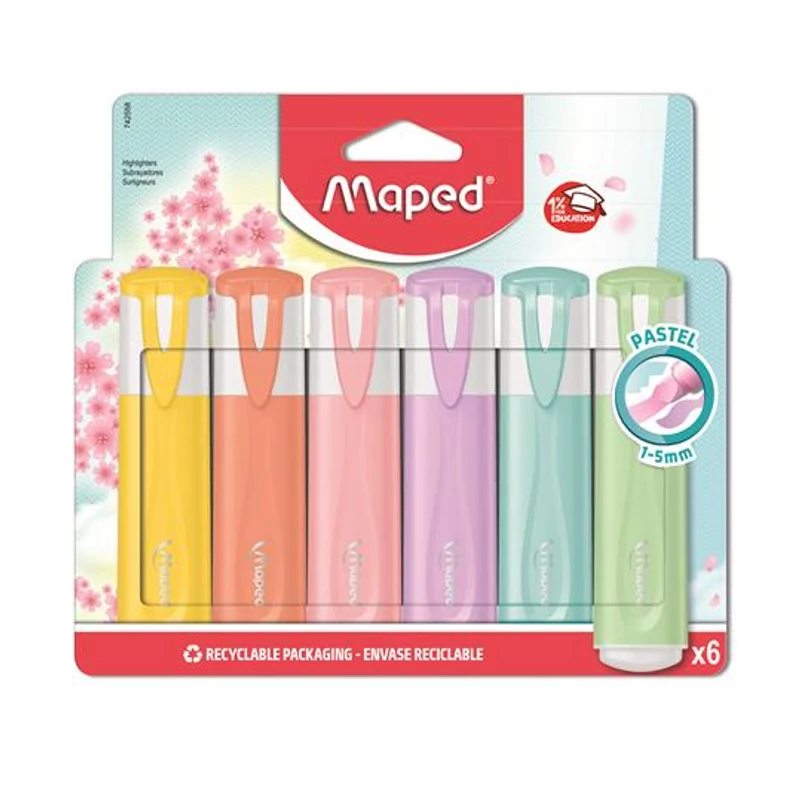 Szövegkiemelő készlet, 1-5 mm, MAPED "Fluo Peps Quality", 6 különböző pasztell szín