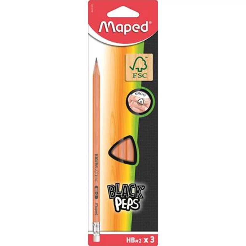 Grafitceruza radírral, HB, FSC 100%, háromszögletű, MAPED "Black`Peps"