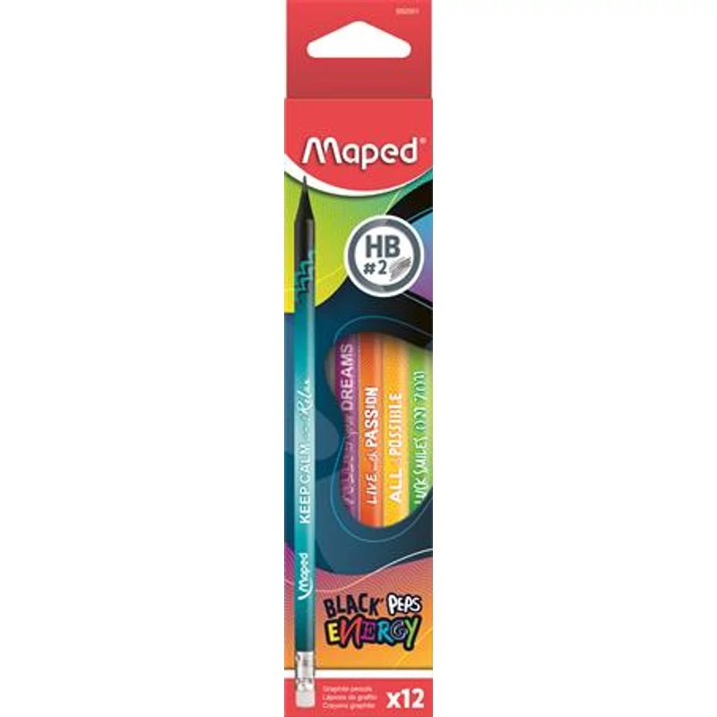 Grafitceruza radírral, HB, háromszögletű, MAPED "Black`Peps Energy", 6 különböző minta
