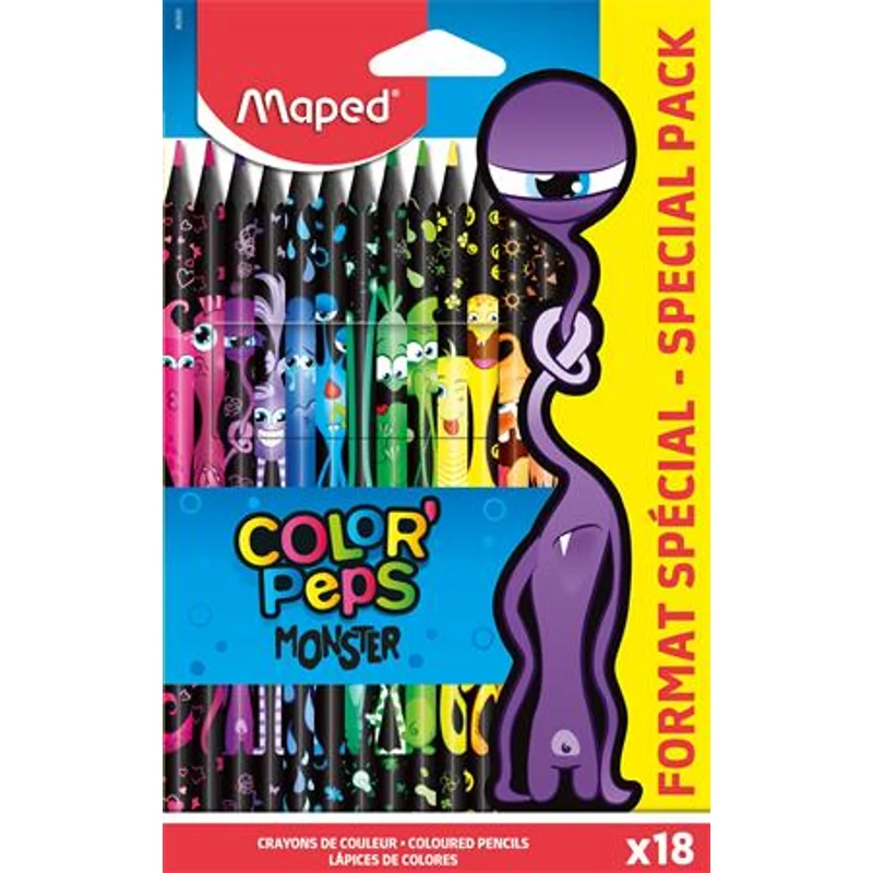 Színes ceruza készlet, háromszögletű, MAPED "Color`Peps Monster" 18 különböző szín