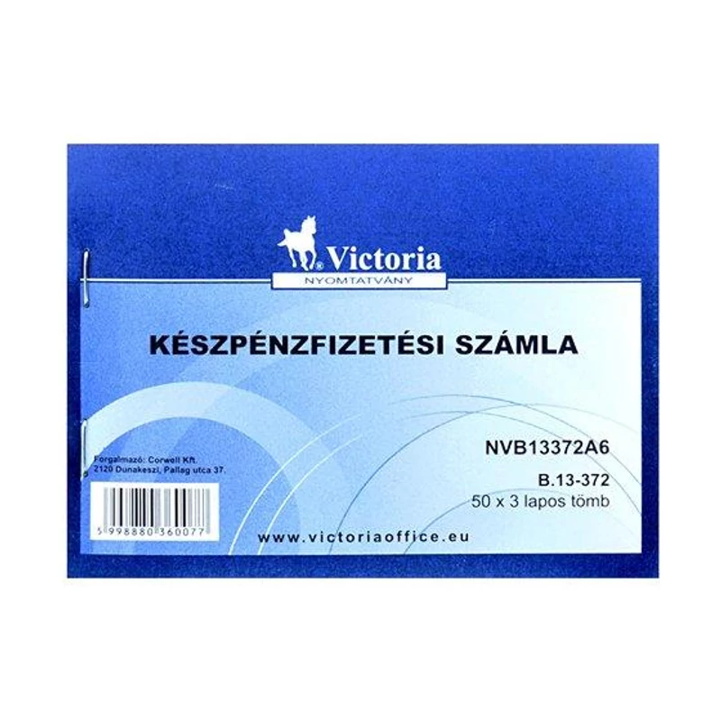 Nyomtatvány, készpénzfizetési számlatömb, egy ÁFÁs, 50×3, A6, fekvő, VICTORIA PAPER, „B.13-372”, 20 tömb / csomag