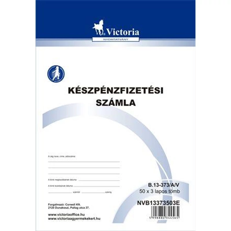 Nyomtatvány, készpénzfizetési számlatömb, egy ÁFÁs, 50×3, A5, VICTORIA PAPER, „B.13-373”, 10 tömb / csomag