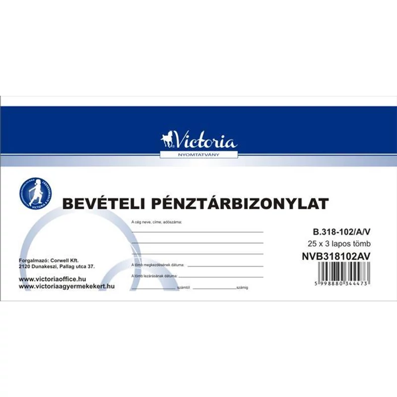 Nyomtatvány, bevételi pénztárbizonylat, 25×3, VICTORIA PAPER „B.318-102”, 10 tömb / csomag
