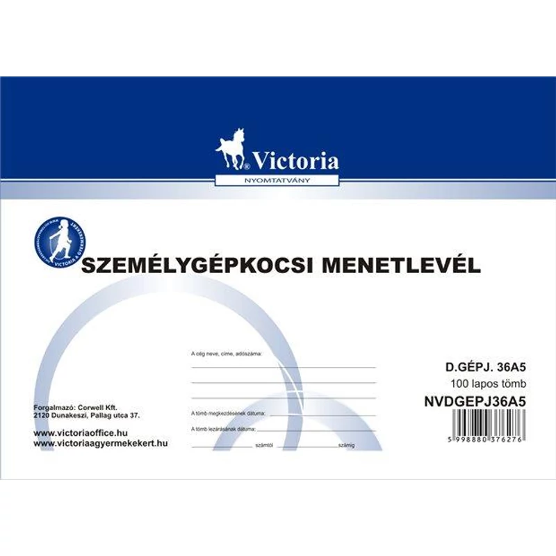 Nyomtatvány, menetlevél, személygépkocsi, 100 lap, A5, fekvő, VICTORIA PAPER, „D.GÉPJ.36.”, 10 tömb / csomag