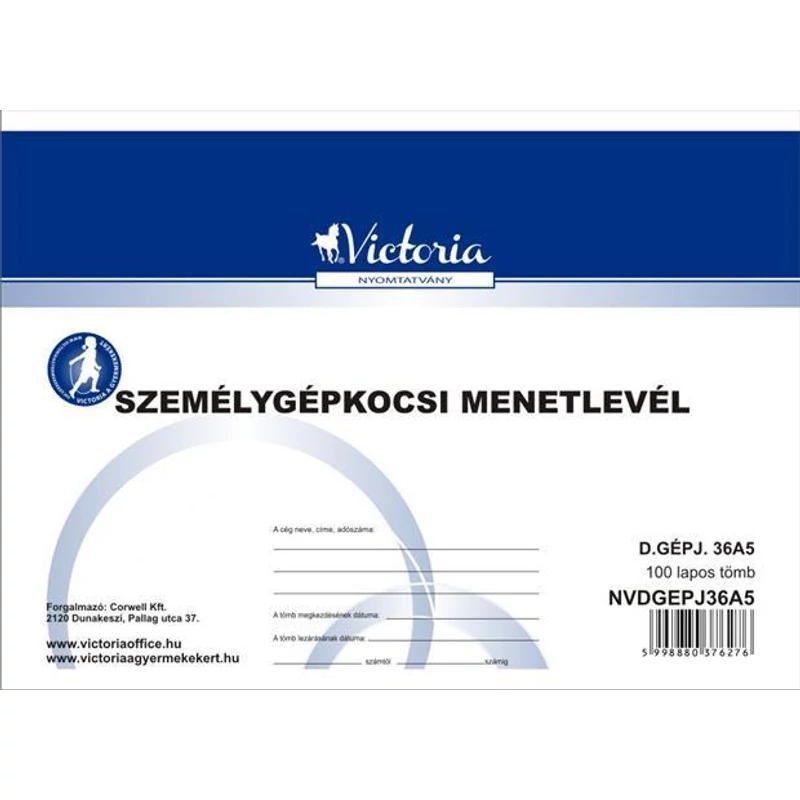 Nyomtatvány, menetlevél, személygépkocsi, 100 lap, A5, fekvő, VICTORIA PAPER, „D.GÉPJ.36.”, 10 tömb / csomag