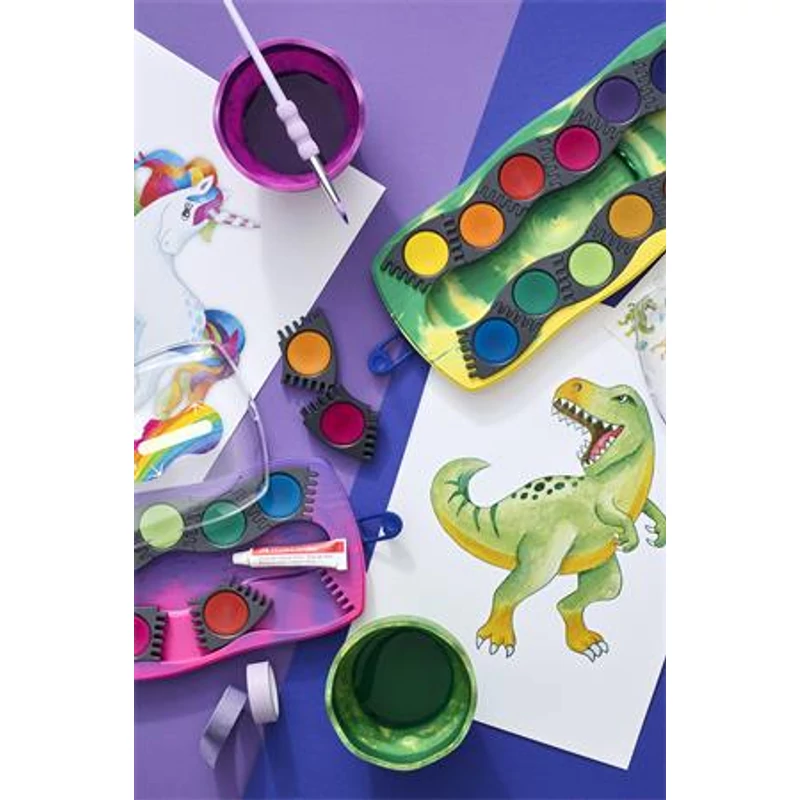 Vízfesték, 12 darabos, összeilleszthető, FABER-CASTELL "Dinoszaurusz" + 1 tubus fehér tempera + dinoszaurusz matrica