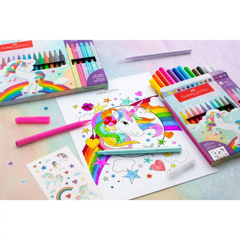Filctoll készlet, FABER-CASTELL "Unikornis" 10 különböző szín + 3 csillámos