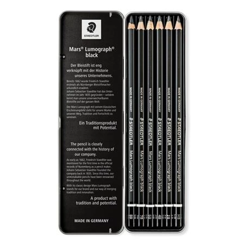 Grafitceruza készlet, fém doboz, hatszögletű, STAEDTLER "Mars Lumograph 100B", 6 különböző keménység, fekete,Grafitceruza készlet, fém doboz, hatszögletű, STAEDTLER "Mars Lumograph 100B", 6 különböző keménység, fekete