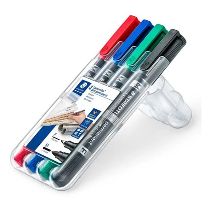 Alkoholos marker készlet, 0,6 / 1,5 mm, kúpos, kétvégű, STAEDTLER "Lumocolor® duo 348", 4 különböző szín