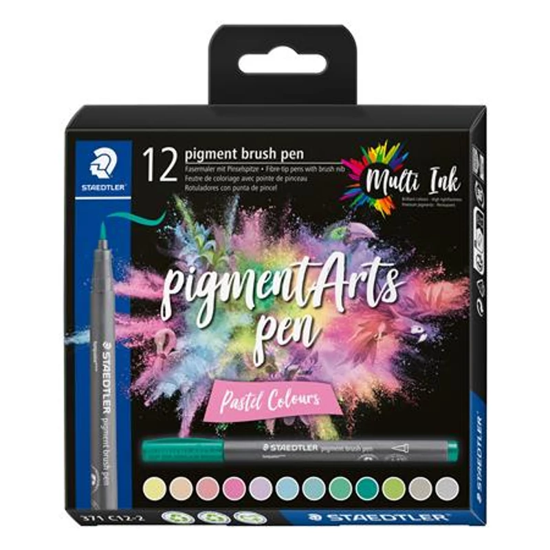 Ecsetirón készlet, STAEDTLER "Pigment brush 371", 12 különböző pasztell szín