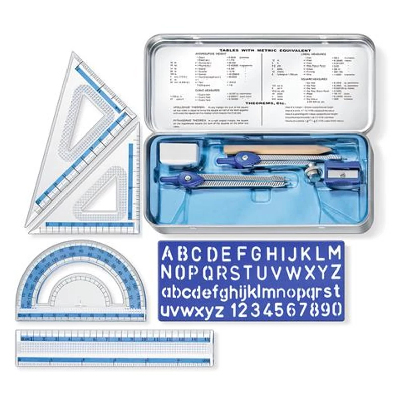 Matematikai készlet, fém dobozban, 10 darabos, vonalzóval, körzővel és kiegészítőkkel, STAEDTLER® „557 10”