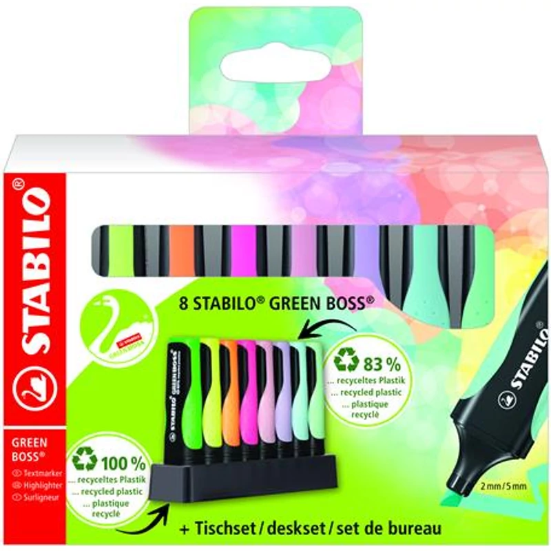 Szövegkiemelő készlet, 2-5 mm, STABILO "Green Boss Pastel", 8 db-os asztali készlet