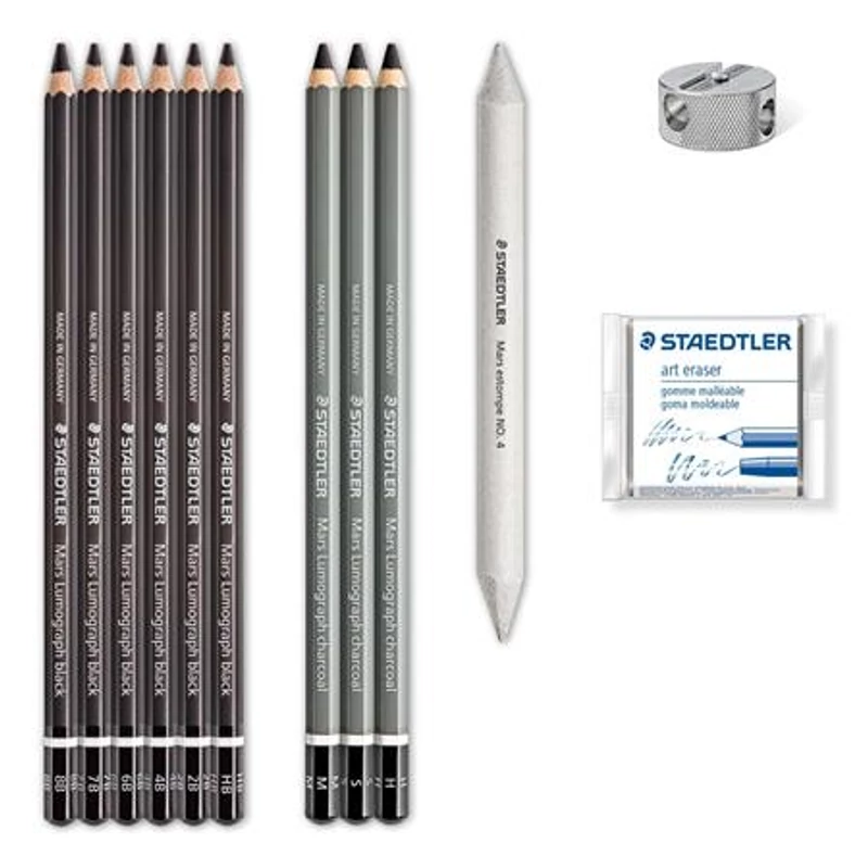 Grafit- és szénceruza készlet, kiegészítőkkel, 12 darabos, STAEDTLER "Mars® Lumograph® 100C",Grafit- és szénceruza készlet, kiegészítőkkel, 12 darabos, STAEDTLER "Mars® Lumograph® 100C"