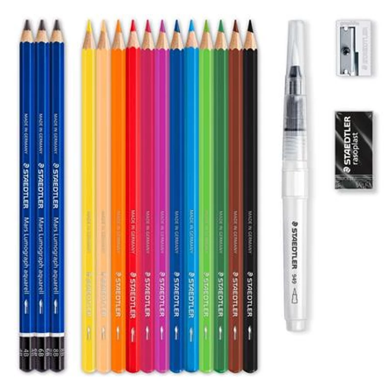 Akvarell ceruza készlet, ecsettel, radírral, hegyezővel, grafitceruzával, STAEDTLER® "146 10C", 12 különböző szín,Akvarell ceruza készlet, ecsettel, radírral, hegyezővel, grafitceruzával, STAEDTLER® "146 10C", 12 különböző szín