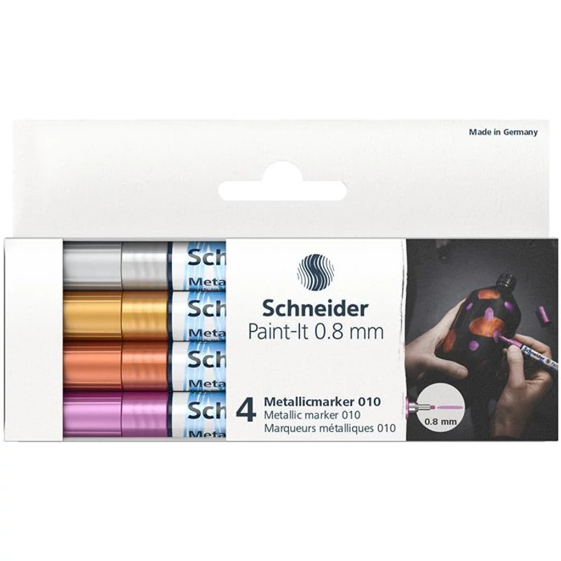 Metálfényű marker készlet, 0,8 mm, SCHNEIDER "Paint-It 010", 4 különböző szín,Metálfényű marker készlet, 0,8 mm, SCHNEIDER "Paint-It 010", 4 különböző szín