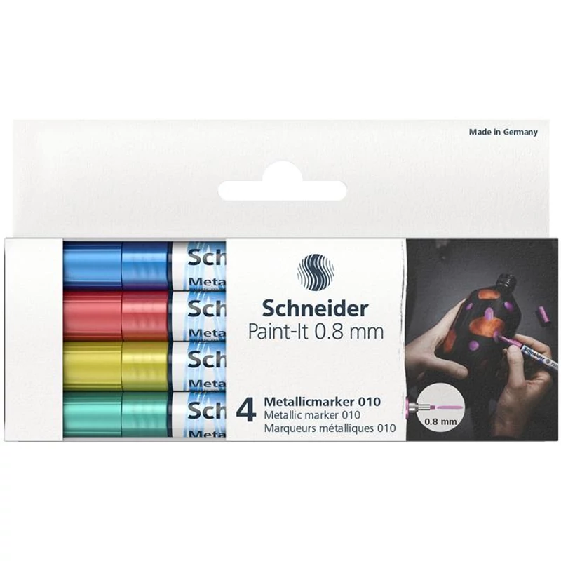 Metálfényű marker készlet, 0,8 mm, SCHNEIDER "Paint-It 010", 4 különböző szín,Metálfényű marker készlet, 0,8 mm, SCHNEIDER "Paint-It 010", 4 különböző szín