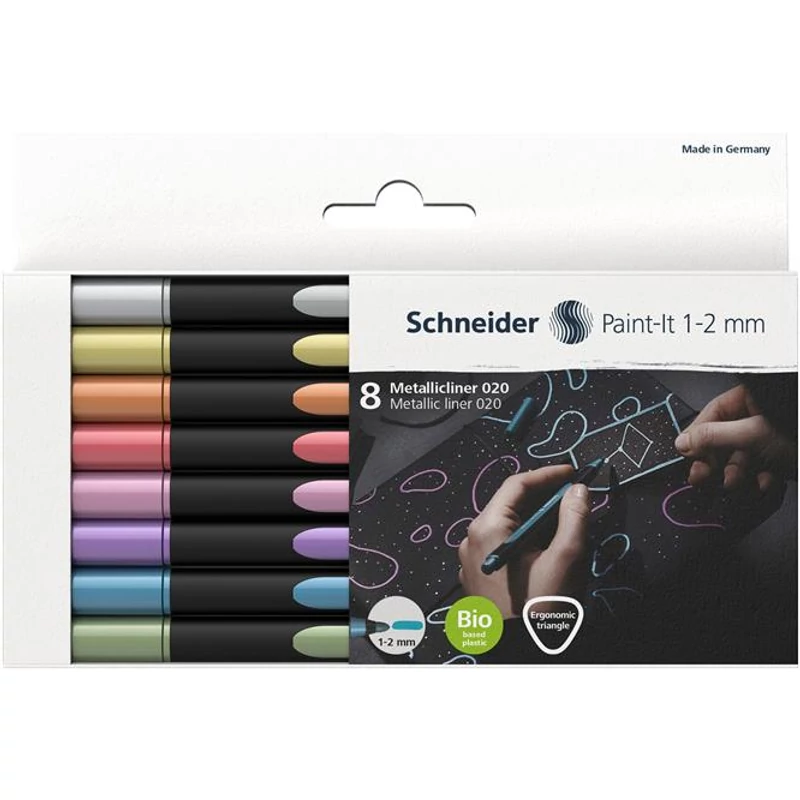 Metálfényű filctoll készlet, 1-2 mm, SCHNEIDER "Paint-It 020", 8 különböző szín,Metálfényű filctoll készlet, 1-2 mm, SCHNEIDER "Paint-It 020", 8 különböző szín