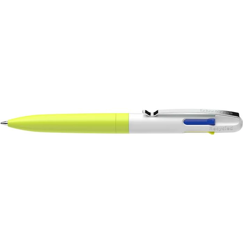 Golyóstoll, 0,5 mm, nyomógombos, négyszínű, SCHNEIDER "Take 4 Neon", sárga-fehér