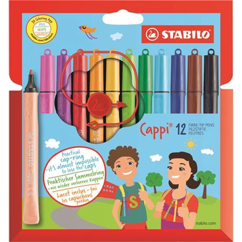 Filctoll készlet, 1 mm, STABILO "Cappi", 12 különböző szín,Filctoll készlet, 1 mm, STABILO "Cappi", 12 különböző szín