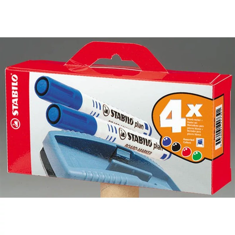 Táblamarker készlet, 2,5-3,5 mm, kúpos, szivaccsal, STABILO „Plan”, 4 különböző szín