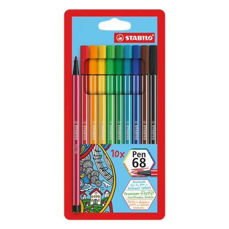 Filctoll készlet, 1 mm, STABILO "Pen 68", 10 különböző szín