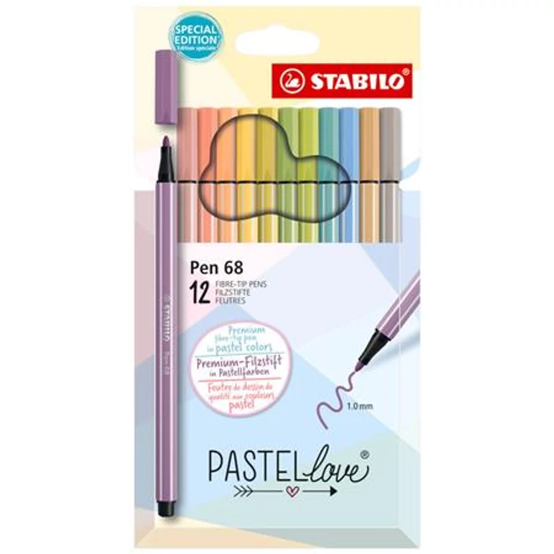 Filctoll készlet, 1 mm, STABILO "Pen 68 Pastellove", 12 különböző szín