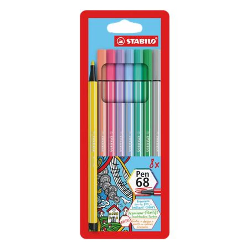 Filctoll készlet, 1 mm, STABILO "Pen 68", 8 pasztell szín