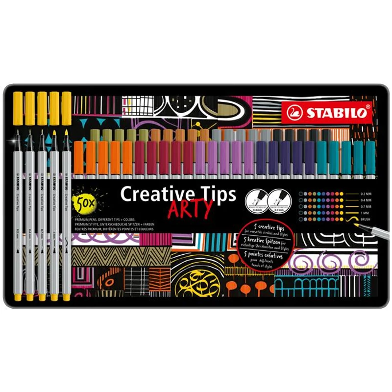 Tűfilc készlet, fém doboz, STABILO "Creative Tips ARTY", 10 különböző szín, 5 különböző vastagság