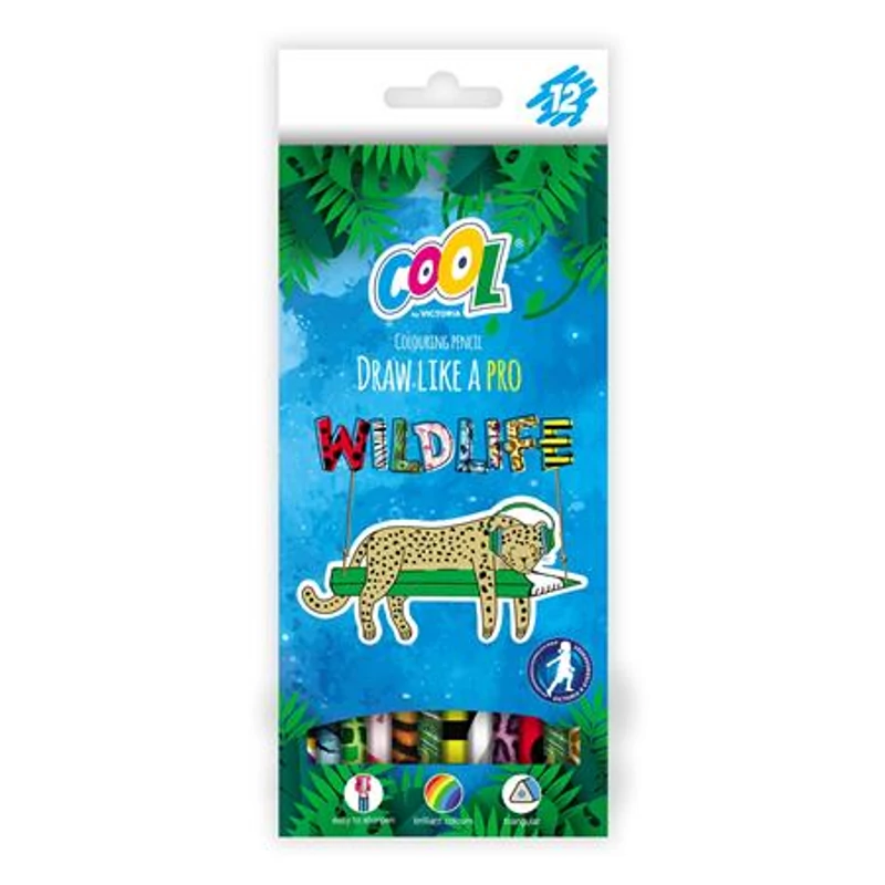 Színes ceruza készlet, háromszögletű, COOL BY VICTORIA "Wildlife", 12 különböző szín