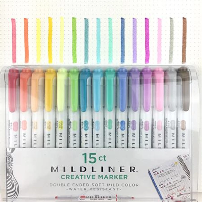 Szövegkiemelő készlet, 1,4 / 4 mm, kétvégű, ZEBRA "Mildliner Highlighter", 15 különböző szín