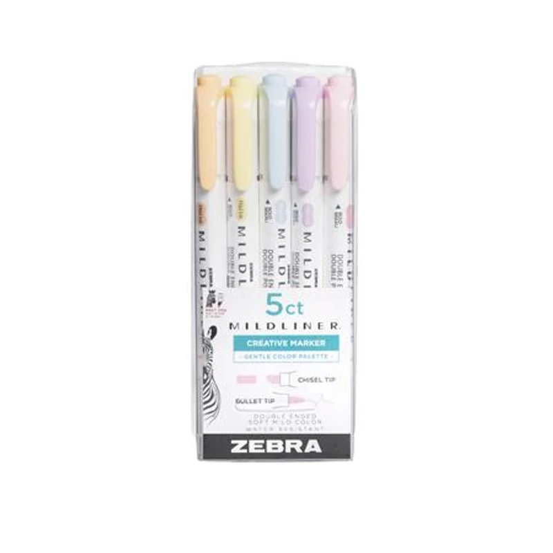 Szövegkiemelő készlet, 1,4 / 4 mm, kétvégű, ZEBRA "Mildliner Highlighter Gentle", 5 különböző szín