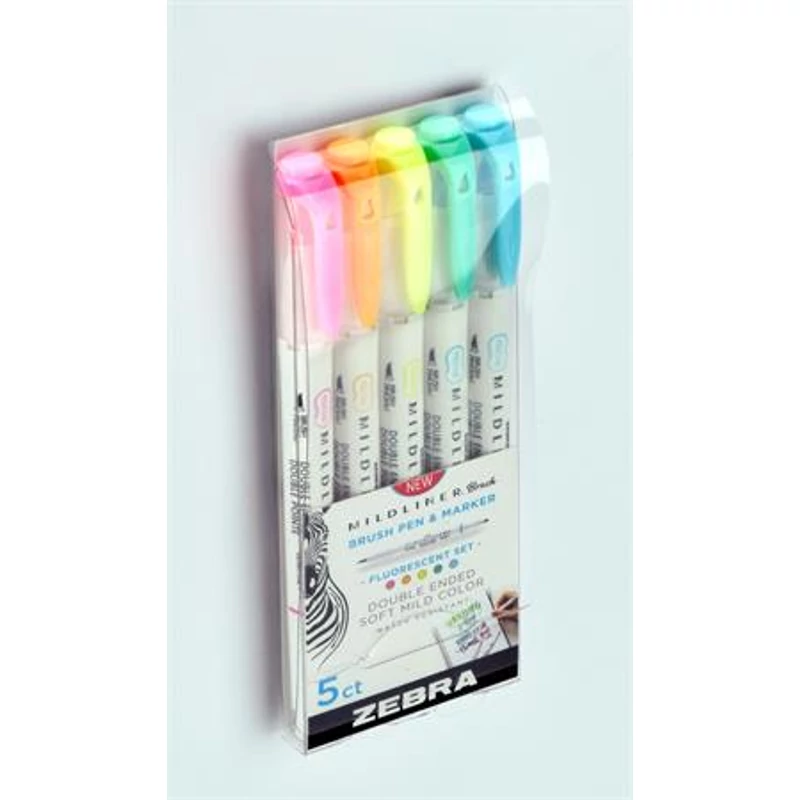 Ecsetirón készlet, kétvégű ZEBRA "Mildliner Fluorescent", 5 szín,Ecsetirón készlet, kétvégű ZEBRA "Mildliner Fluorescent", 5 szín