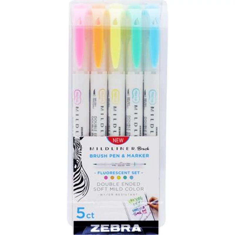 Ecsetirón készlet, kétvégű ZEBRA "Mildliner Fluorescent", 5 szín