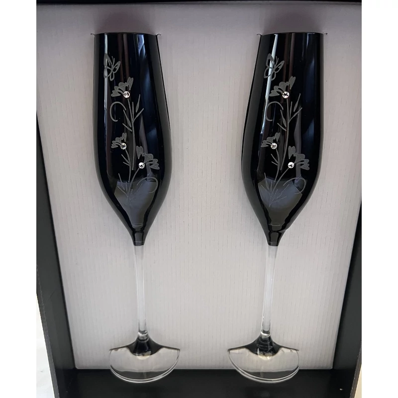 Üveg pohár virág mintával swarovski dísszel pezsgős fekete színű - Ajándék ötlet esküvőre