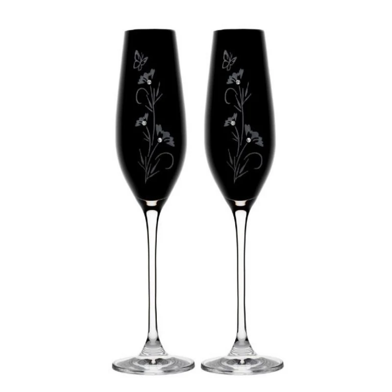 Üveg pohár virág mintával swarovski dísszel pezsgős fekete színű - Ajándék ötlet esküvőre