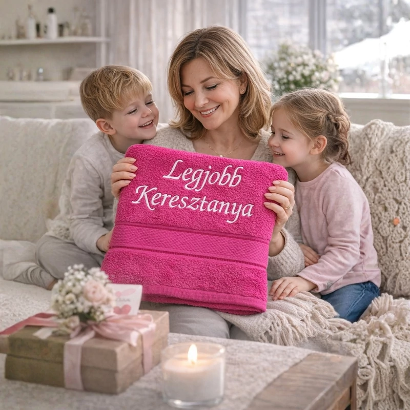 Hímzett törölköző - Legjobb Keresztanya pink - Ajándék Keresztanyának,Hímzett törölköző - Legjobb Keresztanya
